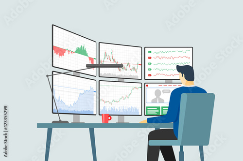 Stock market trader at workplace looking at multiple computer screens with financial charts, diagrams and graphs. Business index analysis concept. Broker exchange trading vector illustration