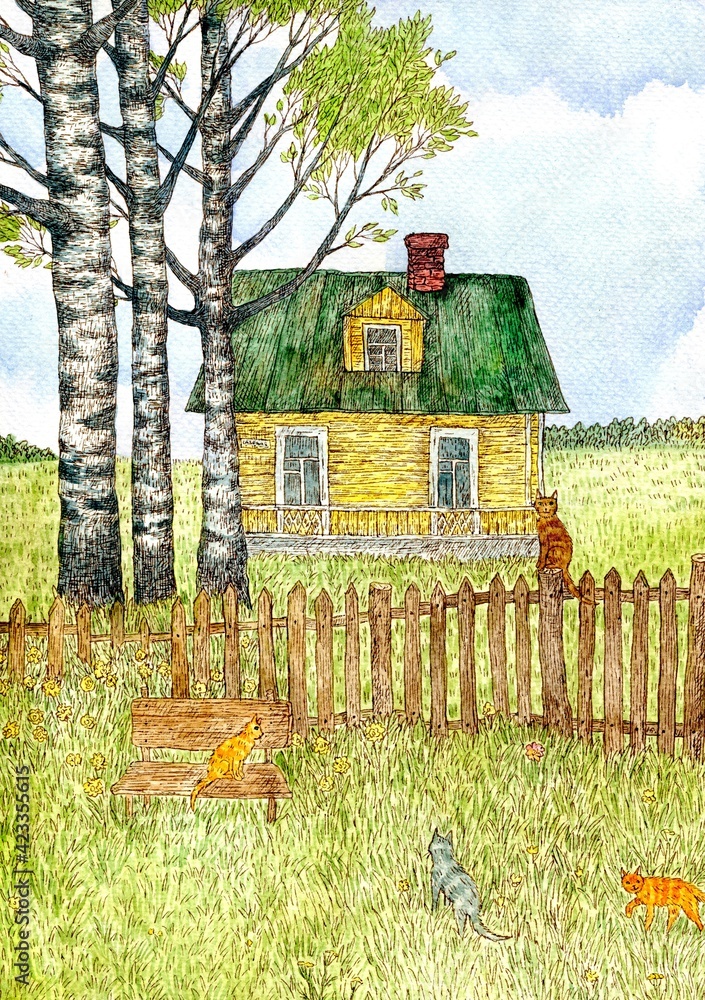 House in the village. Summer landscape. Painting with watercolors and ...