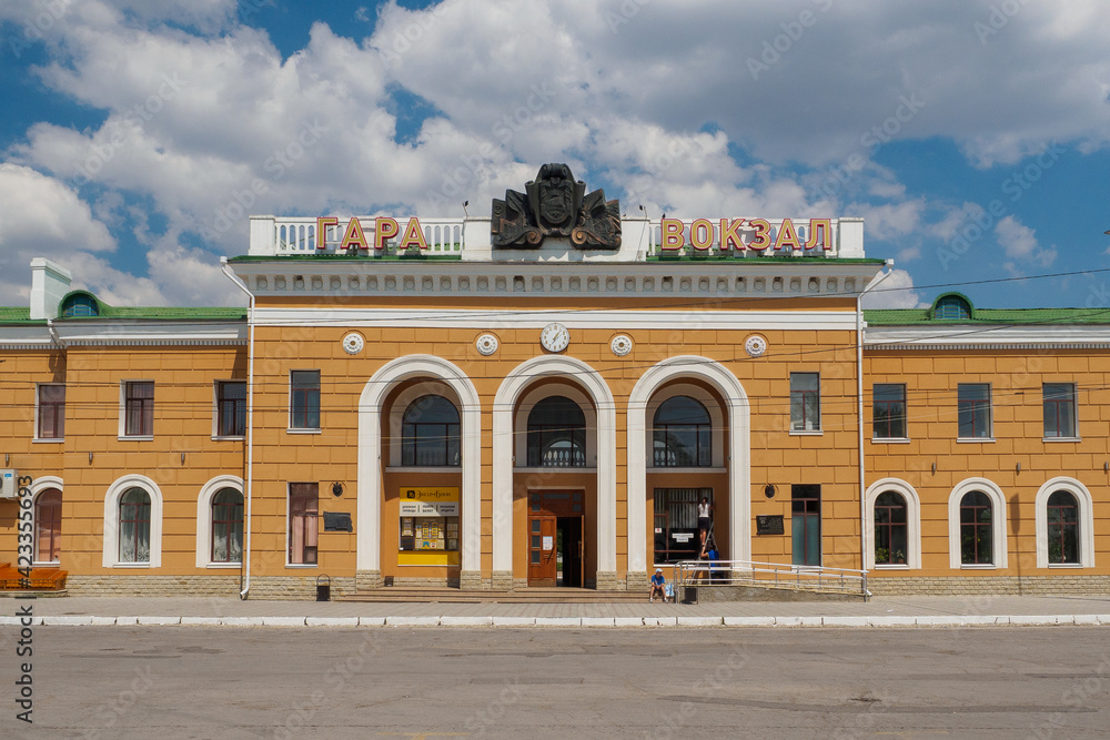 The facade of the main railway station in Tiraspol, Transnistria