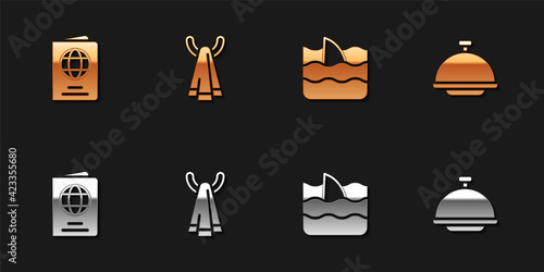 Set Passport, Towel on hanger, Shark fin in ocean wave and Covered with tray icon. Vector