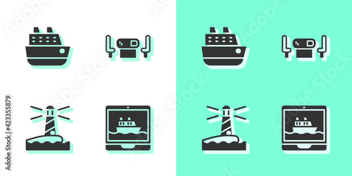 Set Cruise ship, , Lighthouse and Poker table icon. Vector
