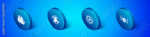 Set Isometric Cruise ship, Ship steering wheel, Poker table and Worldwide icon. Vector