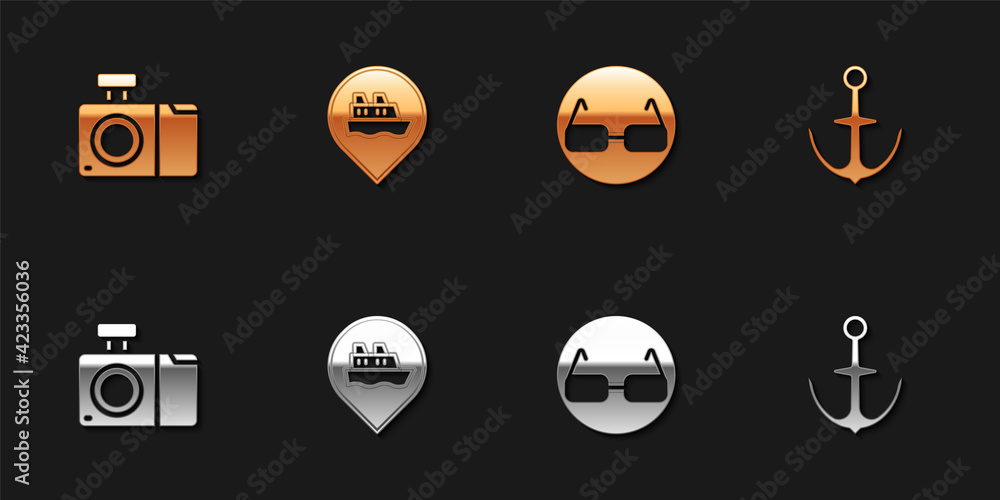 Set Photo camera, Location with cruise ship, Glasses and Anchor icon. Vector