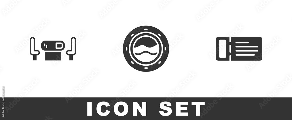 Set Poker table, Ship porthole with seascape and Cruise ticket icon. Vector Set Poker table, Ship porthole with seascape and Cruise ticket icon. Vector
