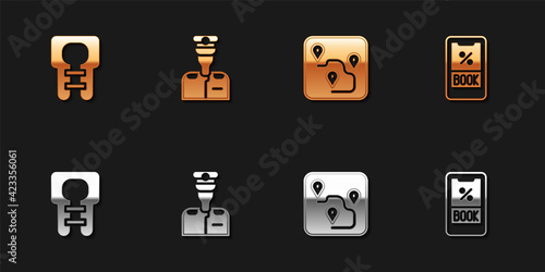 Set Life jacket, Captain of ship, Route location and Cruise ticket icon. Vector