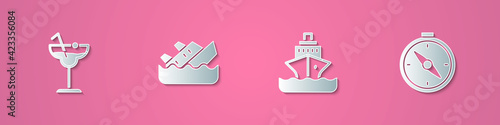 Set paper cut Cocktail, Sinking cruise ship, Cruise and Compass icon. Paper art style. Vector