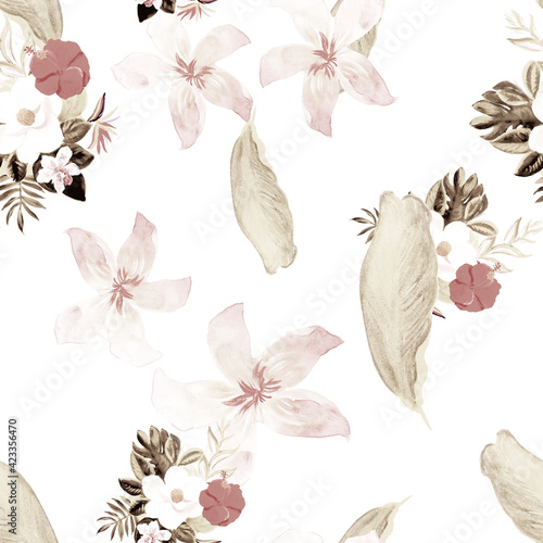 Gray Seamless Painting. Brown Pattern Plant. White Tropical Leaves. Flower Design. Floral Foliage. Flora Illustration. Drawing Nature. Watercolor Exotic.