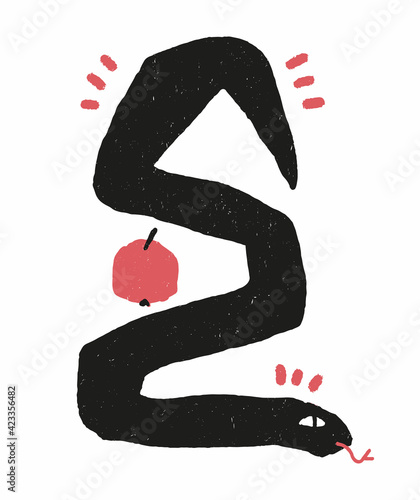 Simple Hand Drawn Vector Illustration with Black Snake and Red Apple isolated on a White Background. Symbol of Temptation and Paradise Lost. Creative Grunge Snake Print ideal for Wall Art, Poster.