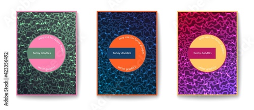 Futuristic bright flyer with fantasy pattern. Simple and funny cards. Freeform hand drawn doodle print. Vector cover templates