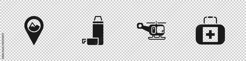 Obraz premium Set Location with mountain, Thermos container, Rescue helicopter and First aid kit icon. Vector