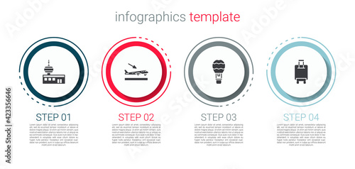 Set Airport control tower, Plane landing, Hot air balloon and Suitcase. Business infographic template. Vector