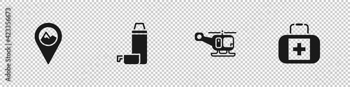 Set Location with mountain, Thermos container, Rescue helicopter and First aid kit icon. Vector