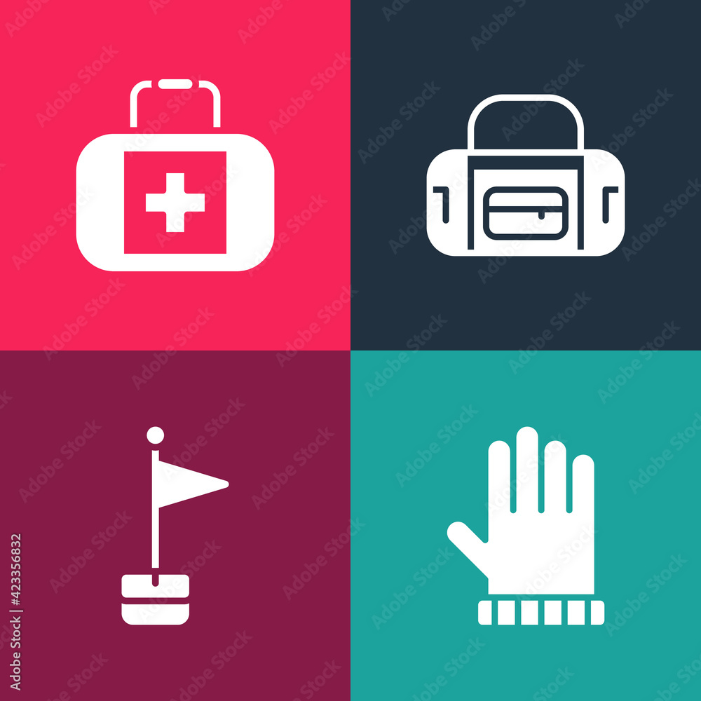 Set pop art Christmas mitten, Location marker, Sport bag and First aid kit icon. Vector Set pop art Christmas mitten, Location marker, Sport bag and First aid kit icon. Vector