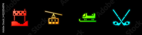 Set Ribbon in finishing line, Cable car, Sled and Ice hockey sticks icon. Vector