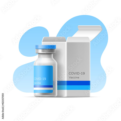 3D illustration of covid vaccine on isolated background. Vaccine bottle packaging vector template. Realistic medical ampoule with box. Coronavirus vaccination. Medical treatment. Corona medication