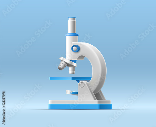 3D illustration with cartoon microscope on isolated background for medical design. Realistic vector template. Education technology concept. Vaccine discovery concept. Medical equipment for research