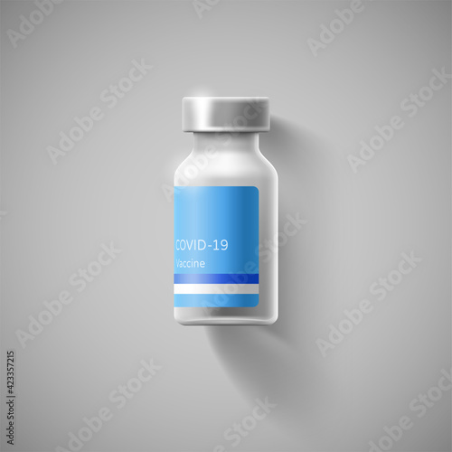 Cartoon bottle of coronavirus vaccine. Covid vaccination concept. Realistic vector illustration on isolated background for medical design. Prevention and control of infectious disease, pandemic