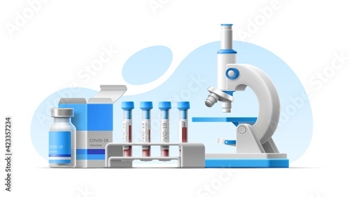 3d cartoon illustration with microscope, blood test tubes with rack, coronavirus vaccine bottle pack. Isolated realistic vector template for medical design. Prevention pandemic. Laboratory research