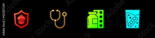 Set Grandmother, Stethoscope, Pills in blister pack and False jaw glass icon. Vector