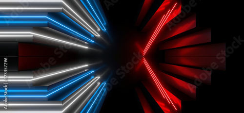 Sci Fy neon lamps in a dark tunnel. Reflections on the floor and walls. 3d rendering image.