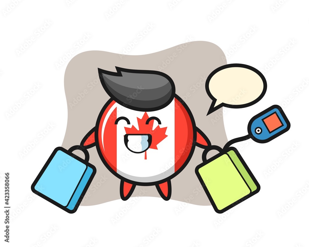 canada flag badge mascot cartoon holding a shopping bag canada flag badge mascot cartoon holding a shopping bag