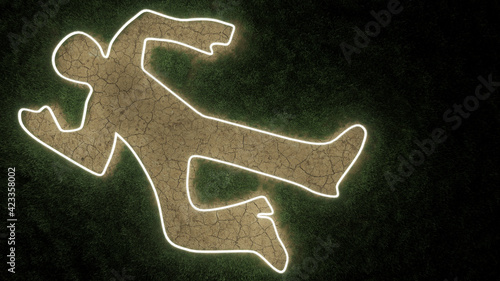 Illuminated Dead Body Outline over a Barren Area in the Middle of a Grassy Land 3D Rendering