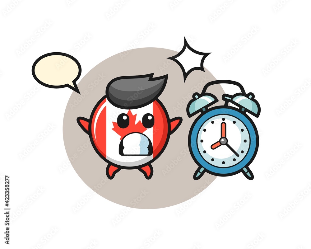 Cartoon Illustration of canada flag badge is surprised with a giant alarm clock