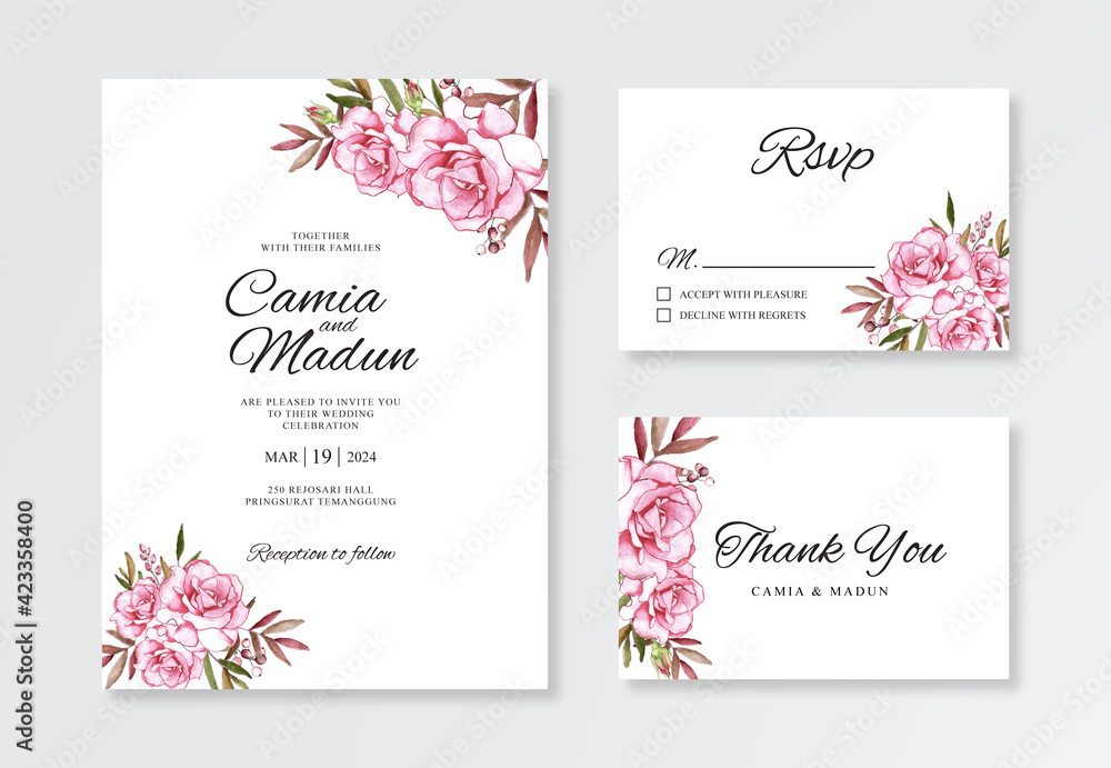Elegant wedding card invitation template with hand drawn watercolor floral