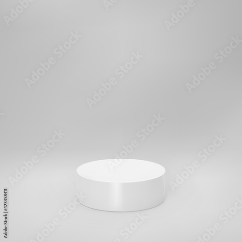 White 3d cylinder front view with perspective isolated on grey background. Cylinder pillar  empty museum stage  pedestal or product podium. 3d basic geometric shape vector illustration