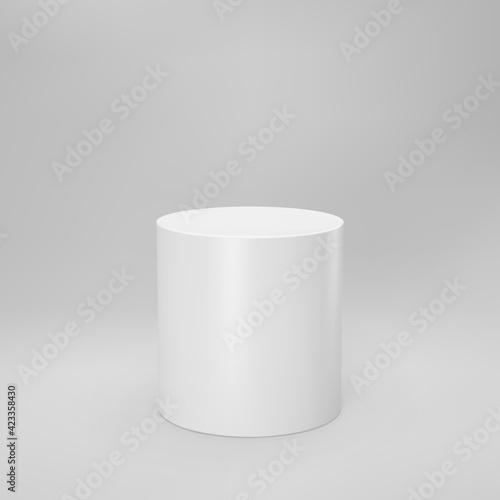 White 3d cylinder front view with perspective isolated on grey background. Cylinder pillar, empty museum stage, pedestal or product podium. 3d basic geometric shape vector illustration