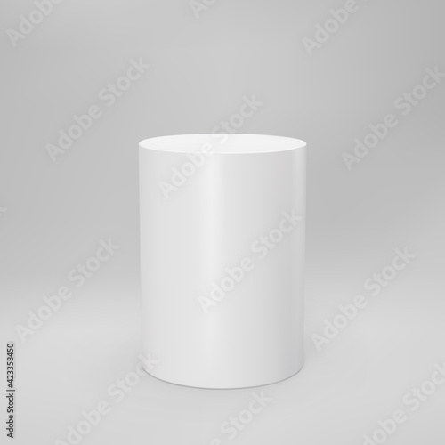 White 3d cylinder front view with perspective isolated on grey background. Cylinder pillar, empty museum stage, pedestal or product podium. 3d basic geometric shape vector illustration
