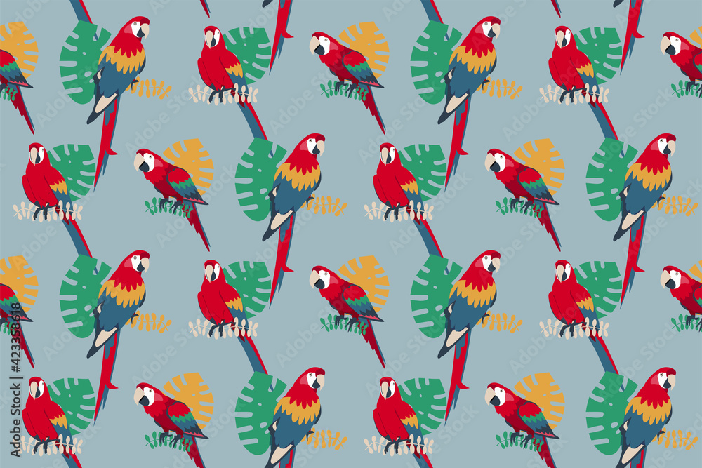 Fototapeta premium Seamless pattern with parrots and tropical leaves, fashion, wallpaper, textile, fabric design