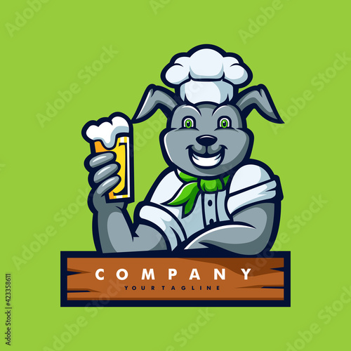 Rabbit with Beer Cartoon Mascot Logo Design Illustration Vector