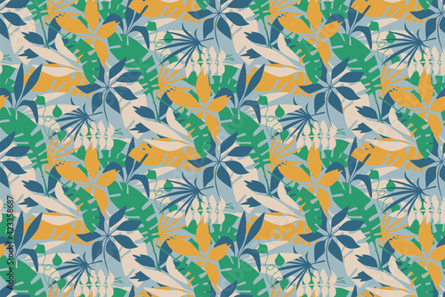 Seamless pattern with simple hand drawn tropical leaves