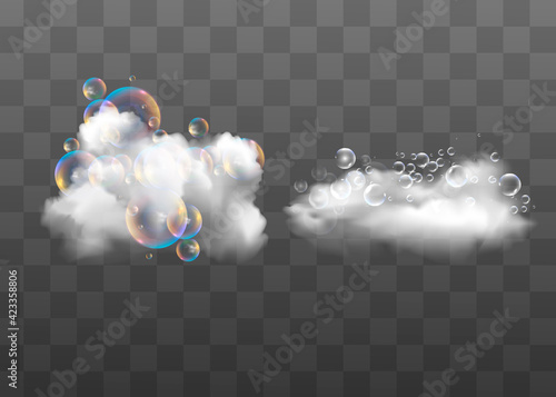 Bath foam with shampoo bubbles isolated on a transparent background. Vector shave, foam mousse with bubbles top view template for your advertising design.