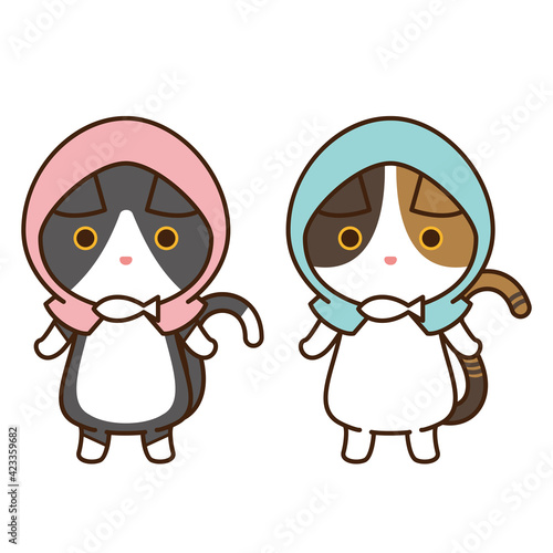防災頭巾を被って直立している猫のイラスト
