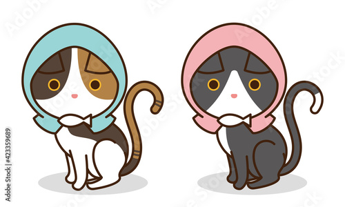 防災頭巾を被っている猫のイラスト
