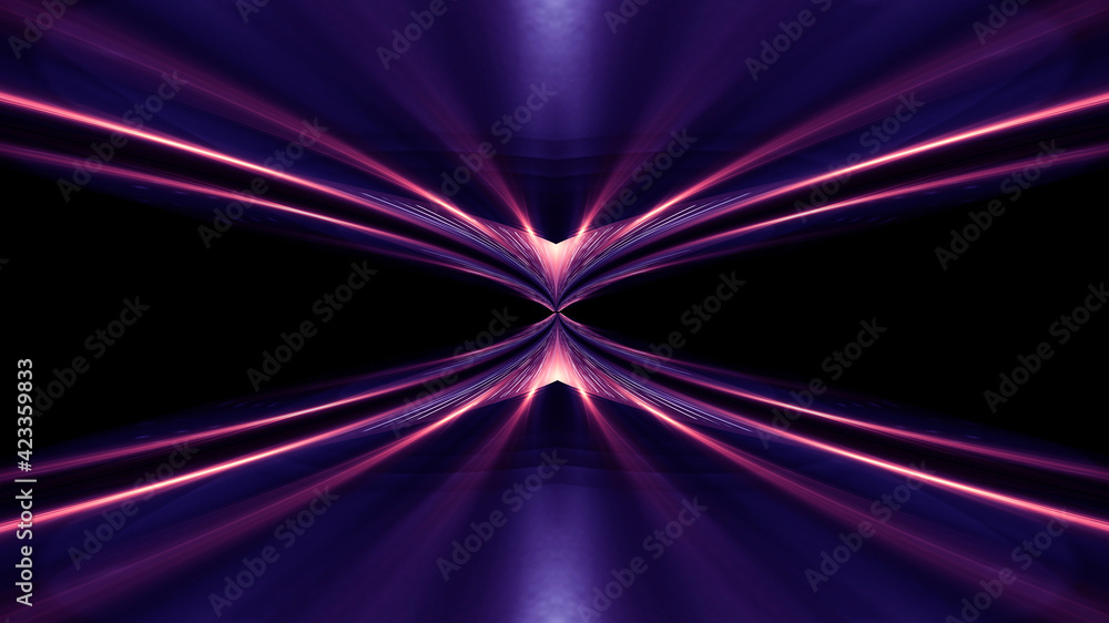 Naklejka Dark abstract background with neon lines, geometric shapes and rays. Multi-color neon light. Night view, movement of light, symmetrical reflection of neon. 3D illustration