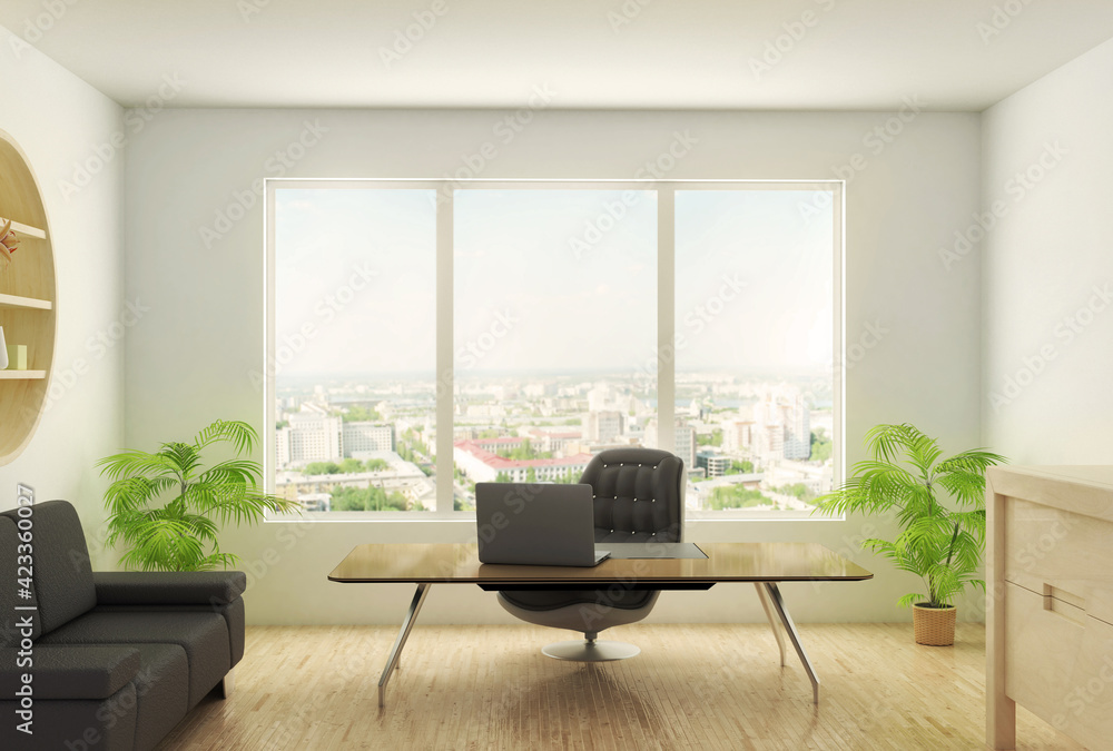 Fototapeta premium Office interior with big window. 3d illustration