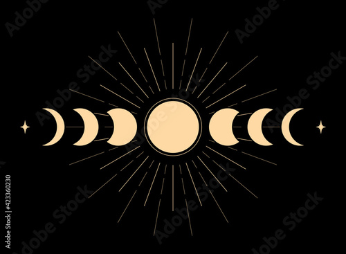 Moon phases in vintage style. Vector illustration. Line art