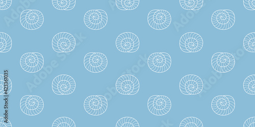 Summer seamless shell pattern. Marine background. Vector illustration with shells. Outline shells on a blue background.