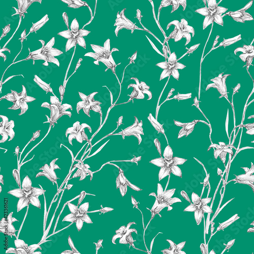 Fototapeta Naklejka Na Ścianę i Meble -  Seamless Pattern with black and white Bluebell flowers on green background. .Floral background for textile, wallpaper, pattern fills, covers, surface, print. Vintage botanical illustration is made in