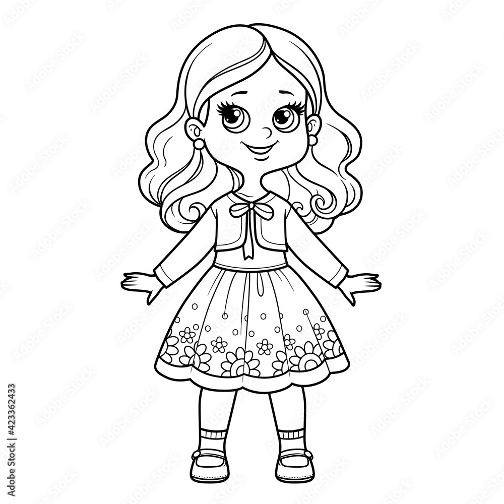 Cute cartoon girl elegant dress with ornament and bolero outline for coloring on a white background Cute cartoon girl elegant dress with ornament and bolero outline for coloring on a white background