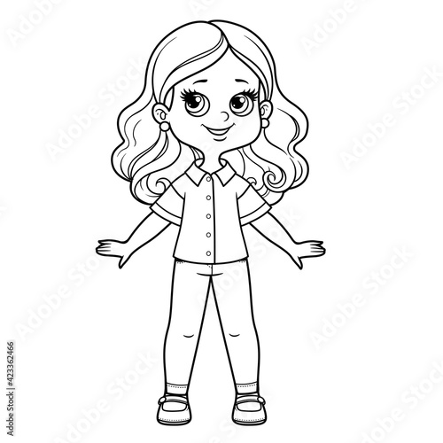 Cute cartoon girl in casual blouse with short sleeves and denim jeans outline for coloring on a white background