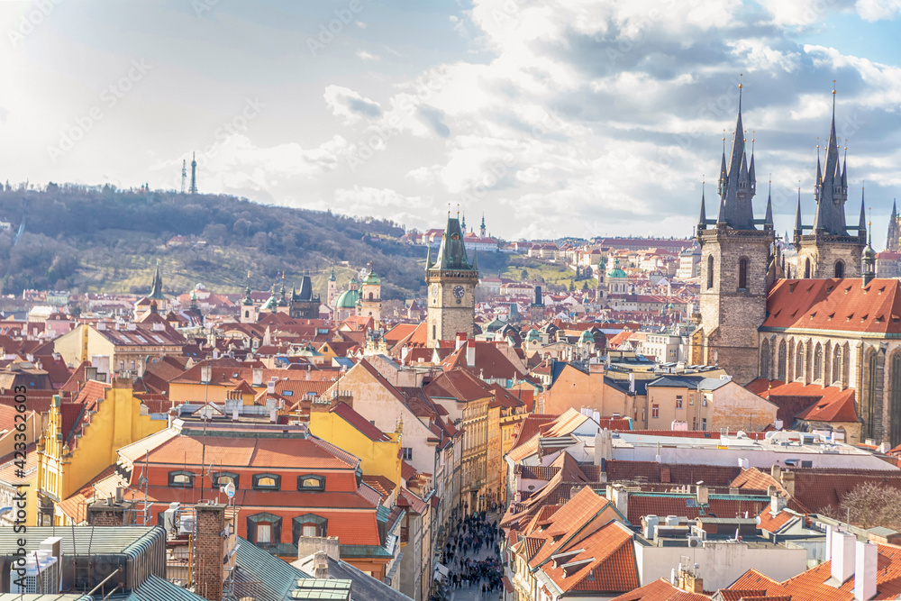 Prague, Czech Republic, 03/02/2017. Panoramic view of Prague and St. Vitus Cathedral, the roofs of the city