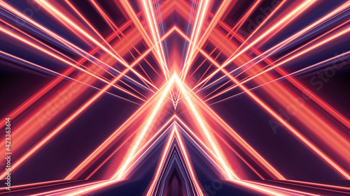 Dark abstract background with neon lines, geometric shapes and rays. Multi-color neon light. Night view, movement of light, symmetrical reflection of neon. 3D illustration © MiaStendal