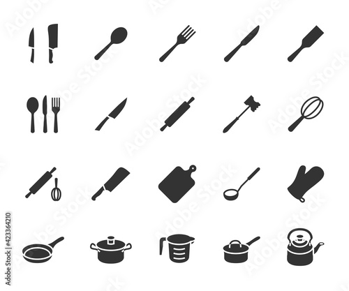 Vector set of kitchen utensils flat icons. Contains icons knife, spoon, fork, frying pan, saucepan, rolling pin, kettle and more. Pixel perfect.