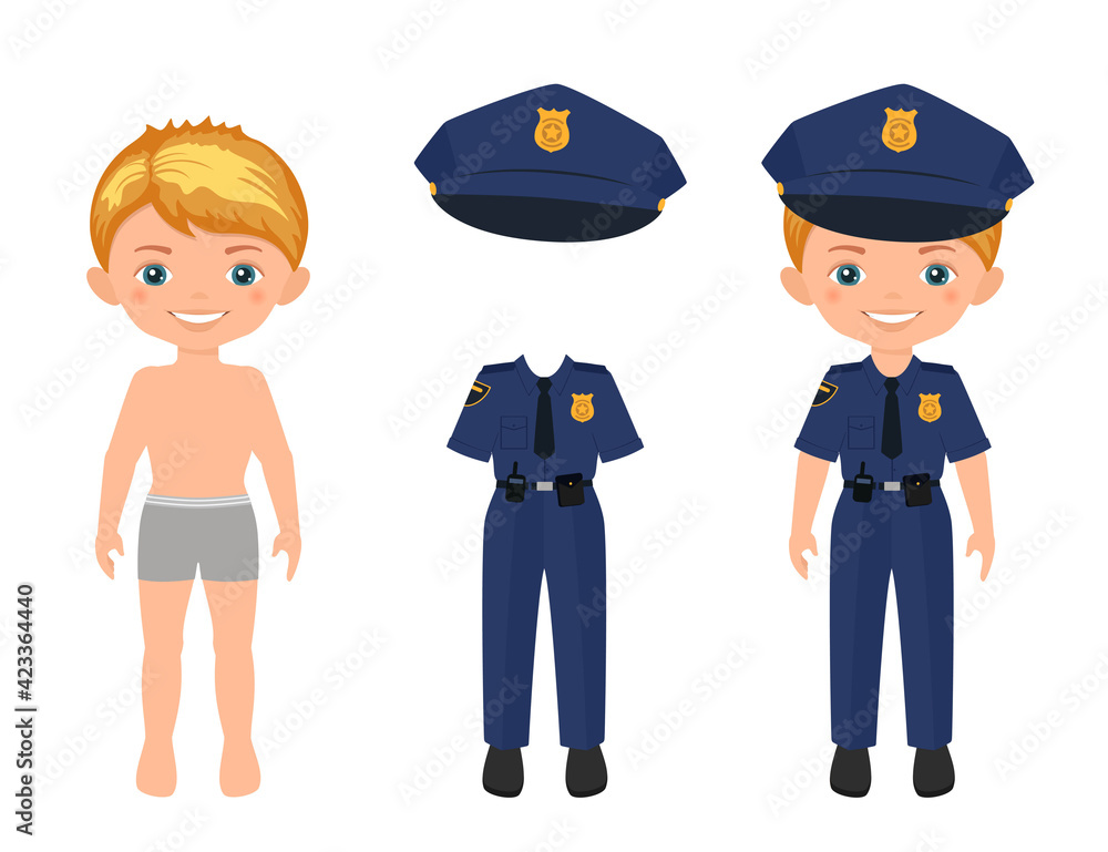 Dress up cute boy in police uniform. Paper doll character   flat style Stock Vector | Adobe Stock