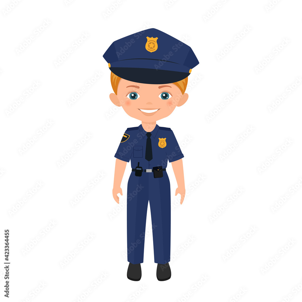 Cute boy character in police uniform isolated on white background. Flat cartoon style