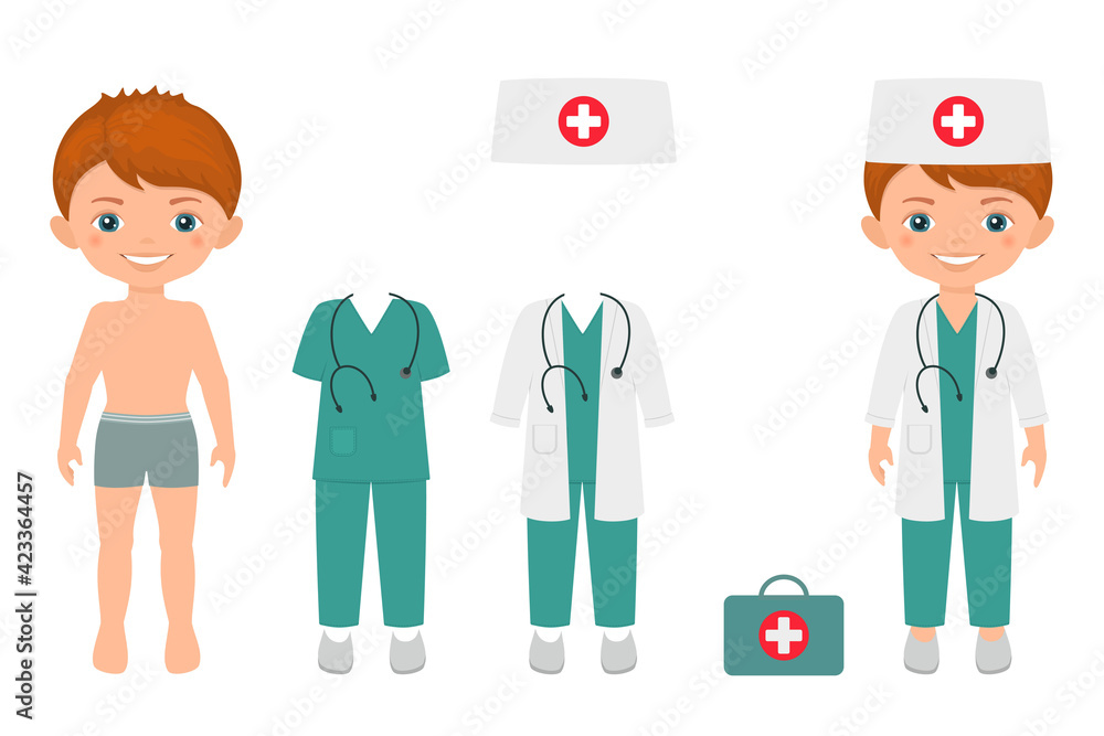 Dress up cute boy in medical suit. Paper doll character template. Cartoon flat style